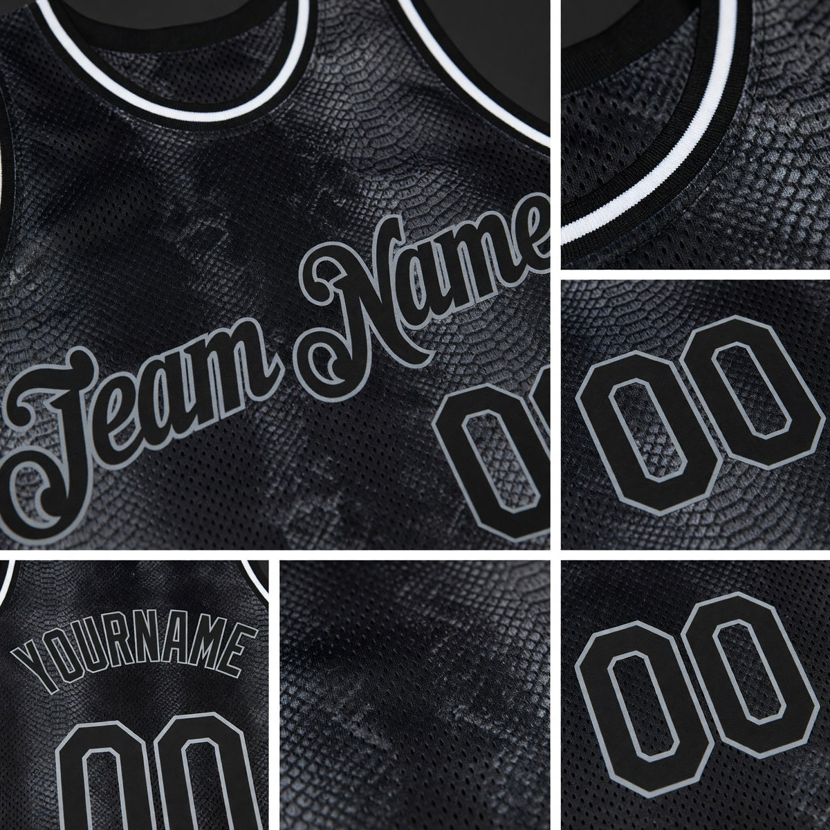 Custom Black Snakeskin Black-Gray 3D Pattern Design Authentic Basketball Jersey detail