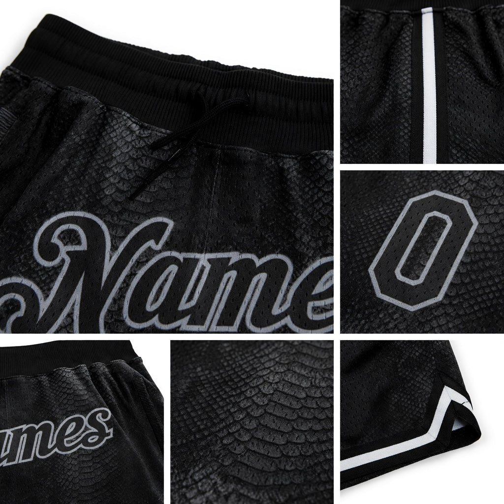 Custom Black Snakeskin Black-Gray 3D Pattern Design Authentic Basketball Shorts detail