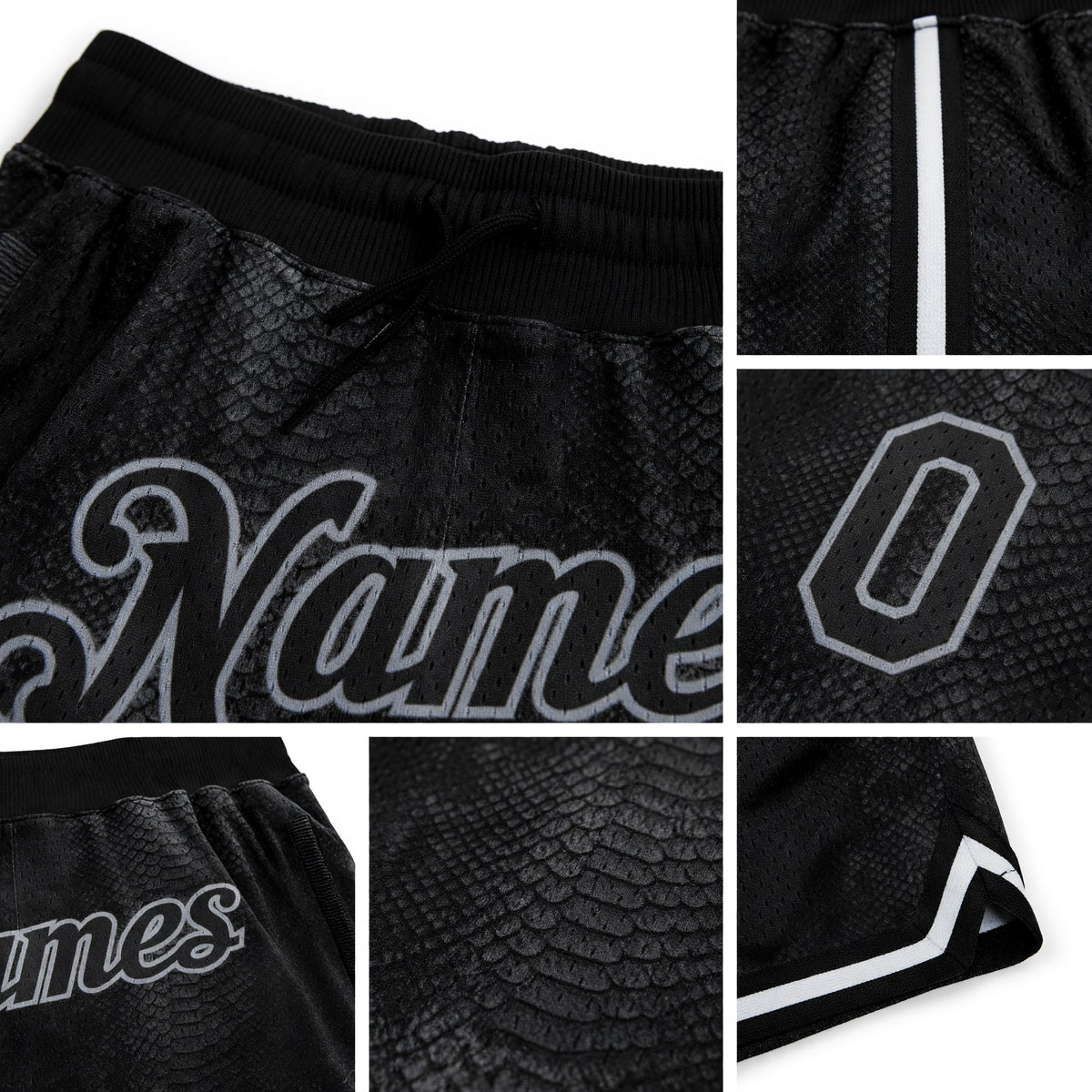Custom Black Snakeskin Black-Gray 3D Pattern Design Authentic Basketball Shorts detail