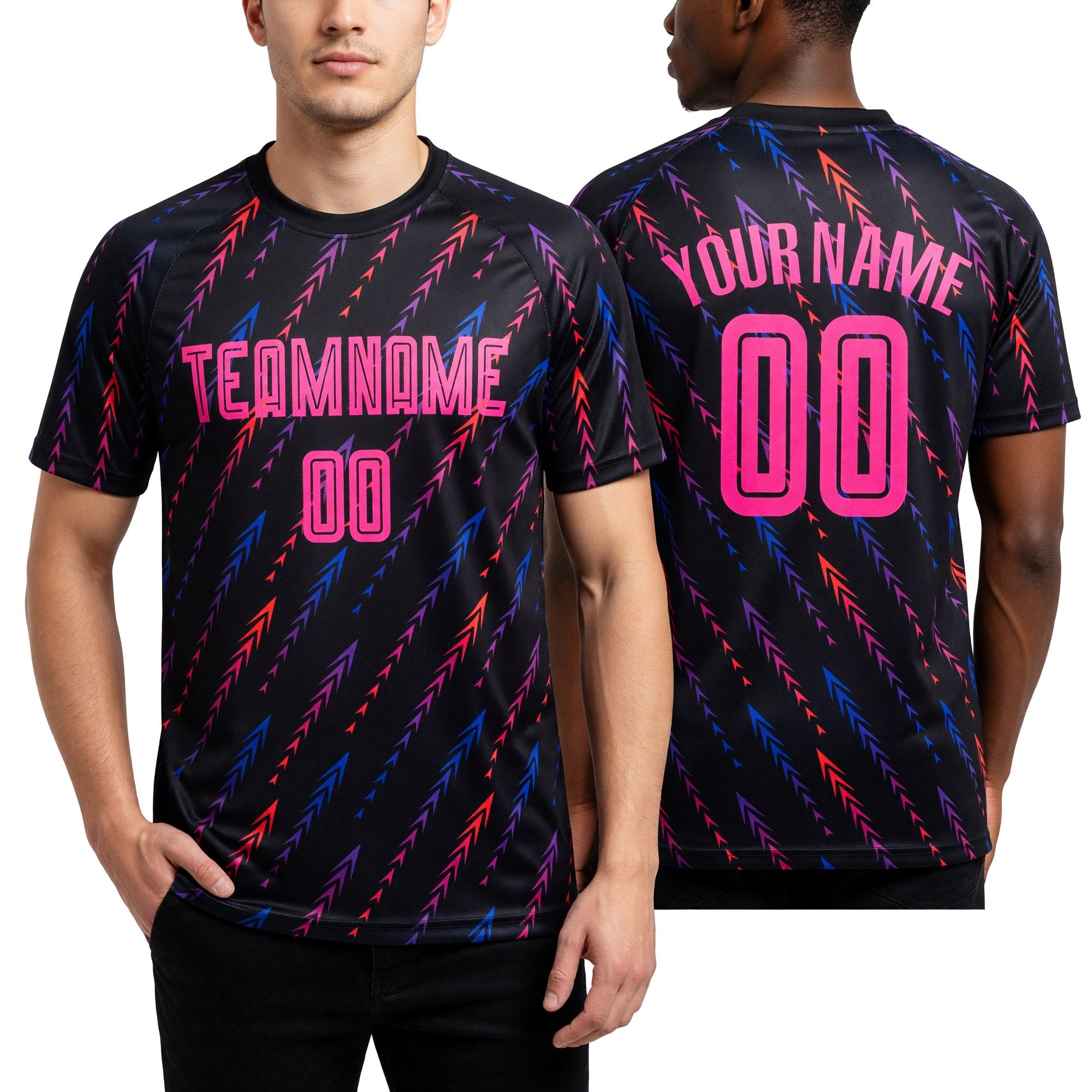 Custom Black Pink-Orange Sublimation Soccer Uniform Jersey worn front and back