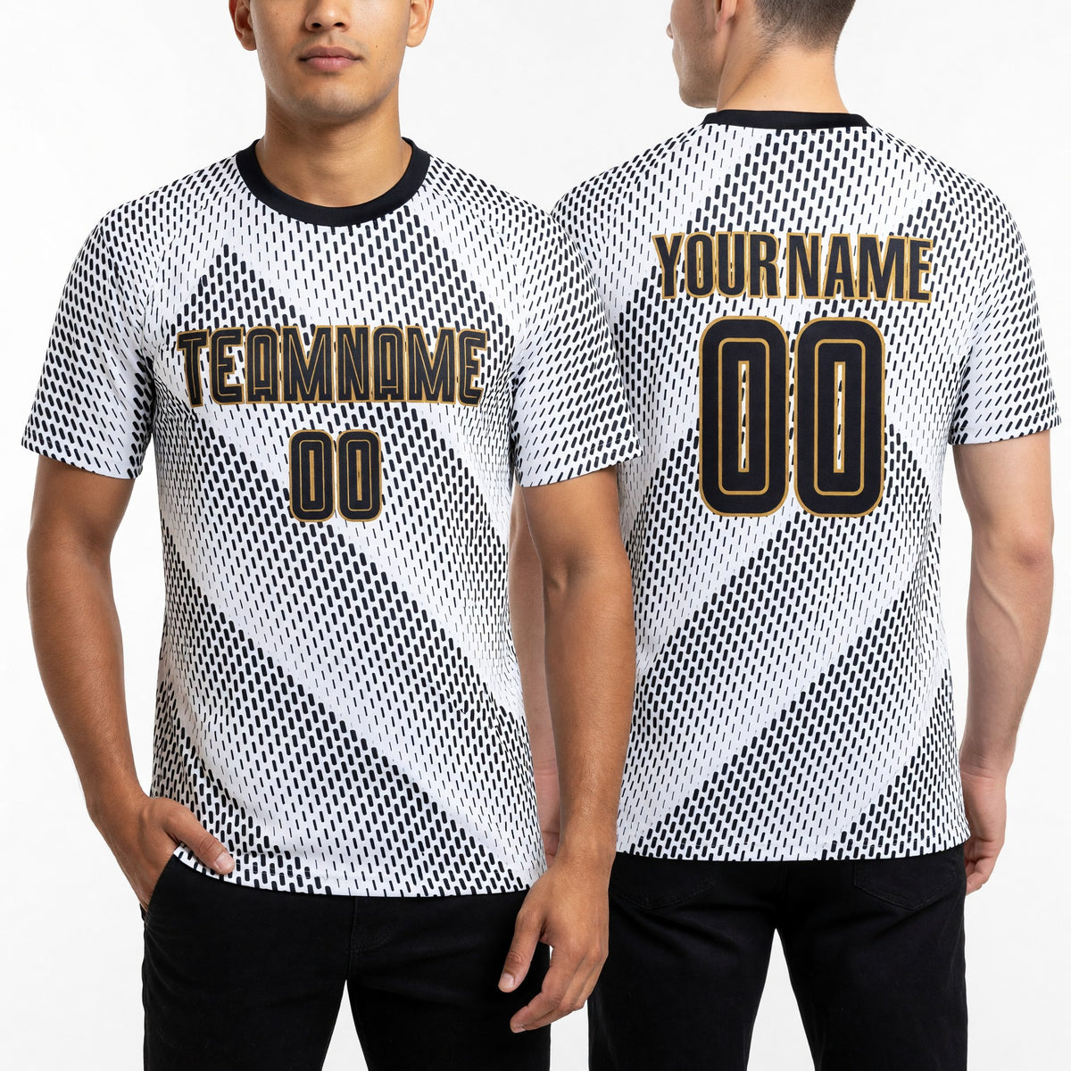 Custom White Black-Old Gold Sublimation Soccer Uniform Jersey worn front and back