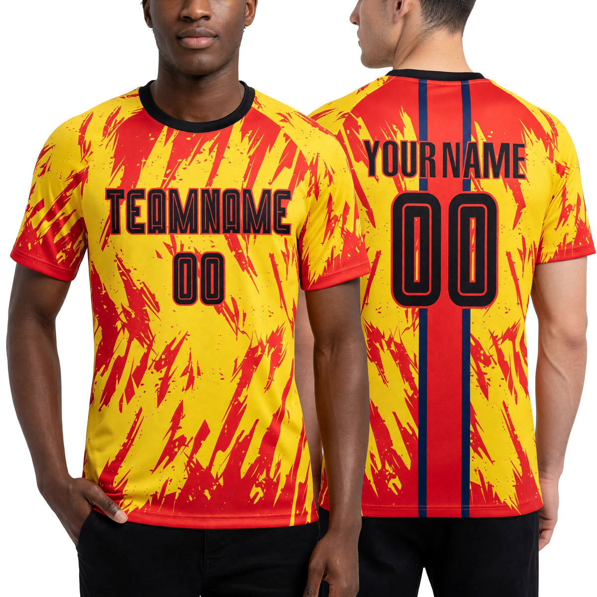 Custom Gold Black-Red Sublimation Soccer Uniform Jersey worn front and back