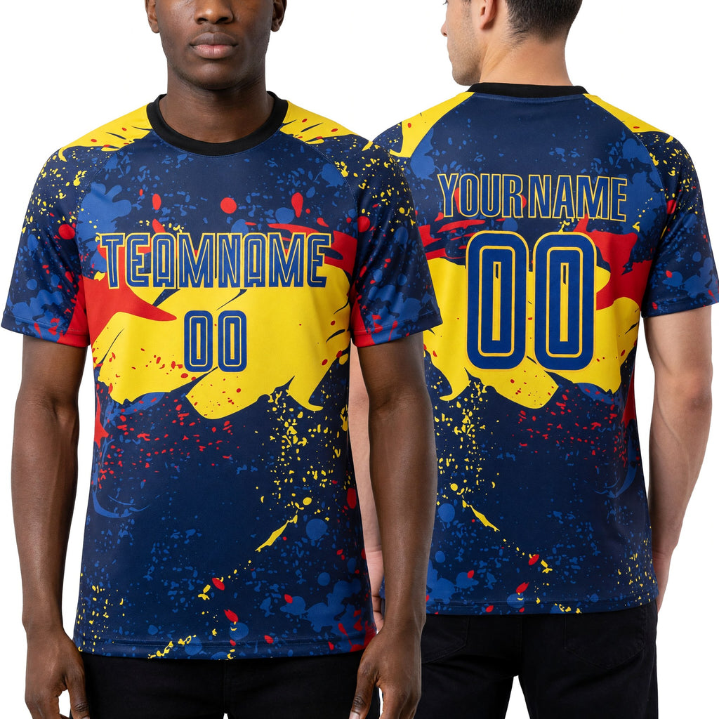 Custom Figure Royal-Gold Sublimation Soccer Uniform Jersey worn front and back