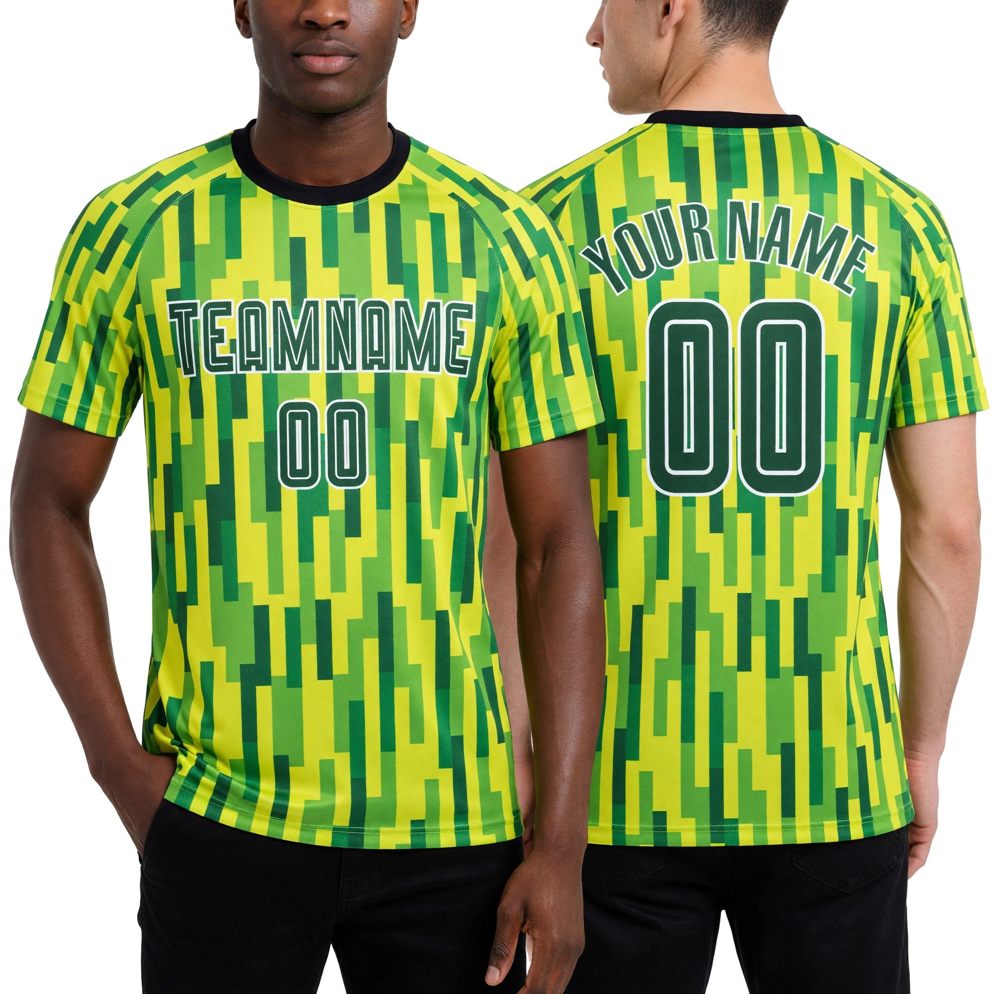 Custom Neon Green Green-Gold Sublimation Soccer Uniform Jersey worn front and back