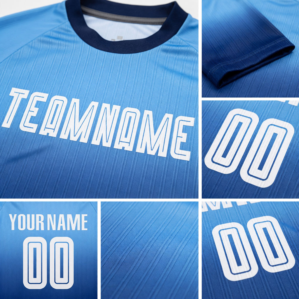 Custom Light Blue White-Royal Sublimation Fade Fashion Soccer Uniform Jersey detail