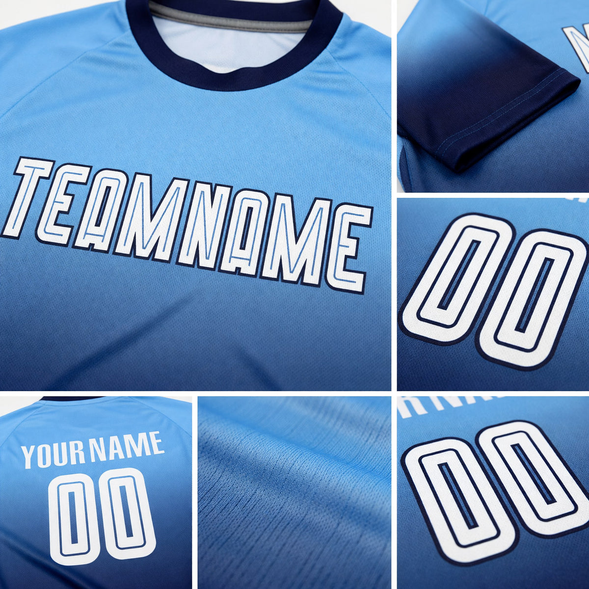 Custom Light Blue White-Navy Sublimation Fade Fashion Soccer Uniform Jersey detail