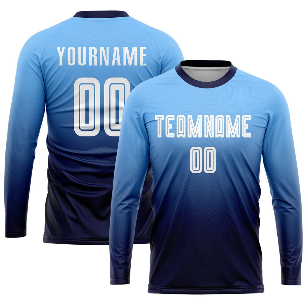 Custom Light Blue White-Navy Sublimation Fade Fashion Soccer Uniform Jersey photo 3