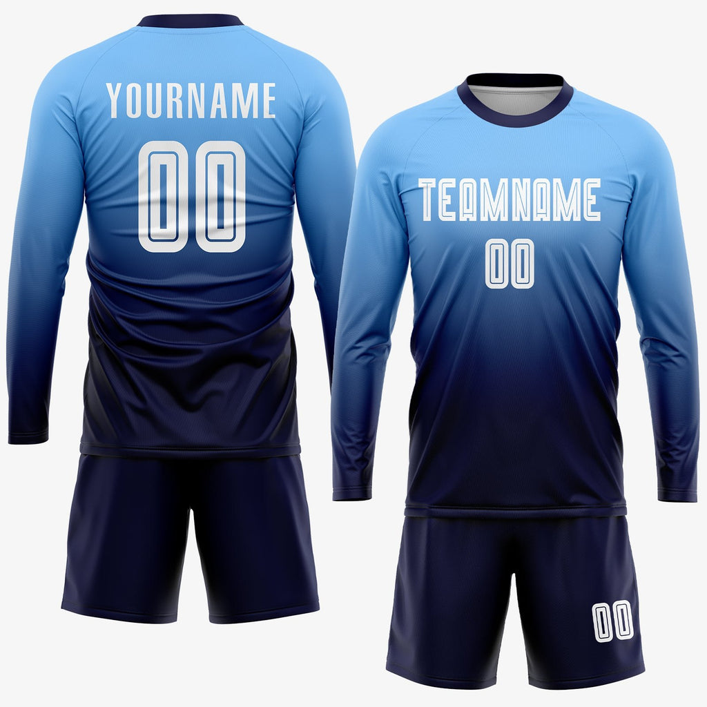 Custom Light Blue White-Navy Sublimation Fade Fashion Soccer Uniform Jersey photo 4
