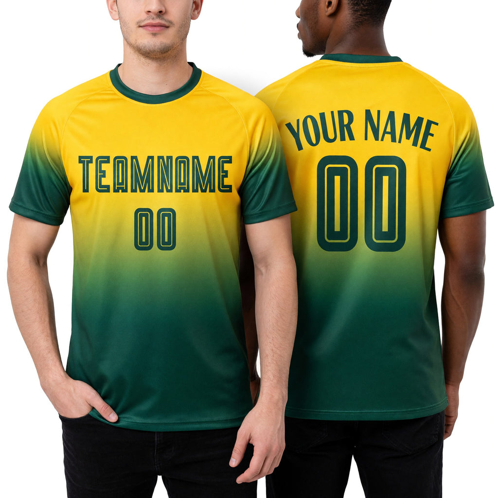 Custom Gold Green Sublimation Fade Fashion Soccer Uniform Jersey worn front and back
