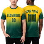 Custom Gold Green Sublimation Fade Fashion Soccer Uniform Jersey worn front and back