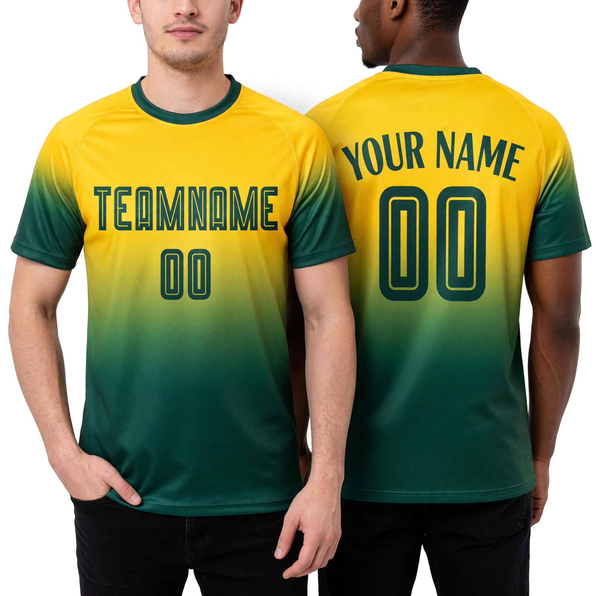 Custom Gold Green Sublimation Fade Fashion Soccer Uniform Jersey worn front and back
