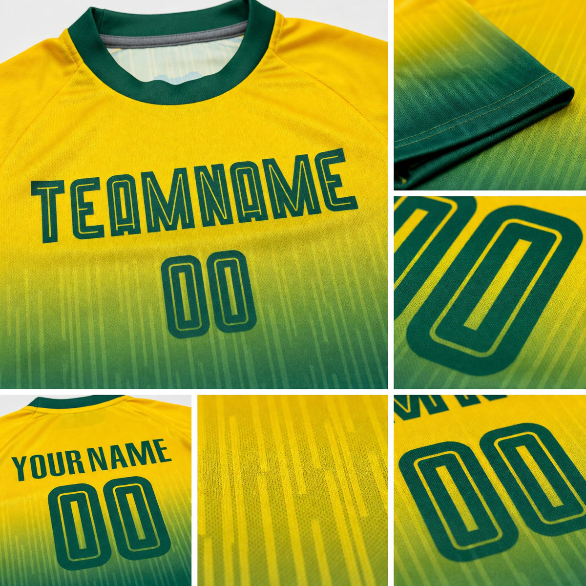 Custom Gold Kelly Green Sublimation Fade Fashion Soccer Uniform Jersey detail