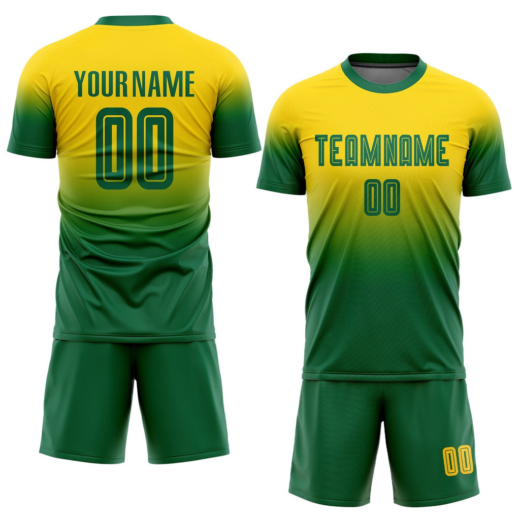 Custom Gold Kelly Green Sublimation Fade Fashion Soccer Uniform Jersey photo 2
