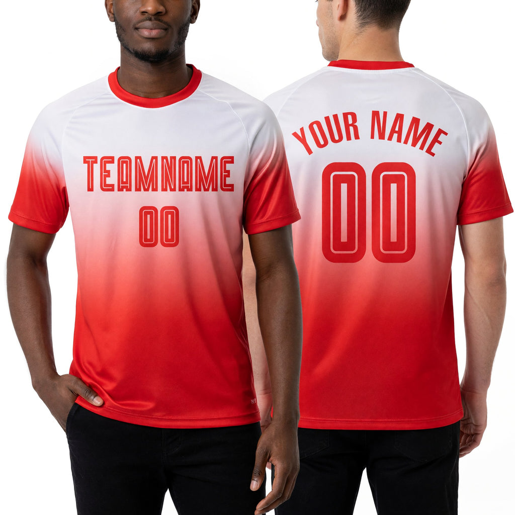 Custom Gray Red Sublimation Fade Fashion Soccer Uniform Jersey worn front and back