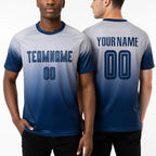 Custom Gray Navy Sublimation Fade Fashion Soccer Uniform Jersey worn front and back