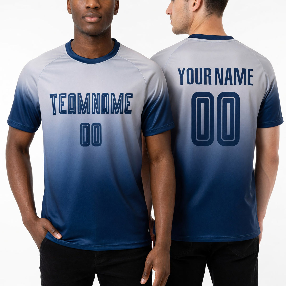 Custom Gray Navy Sublimation Fade Fashion Soccer Uniform Jersey worn front and back