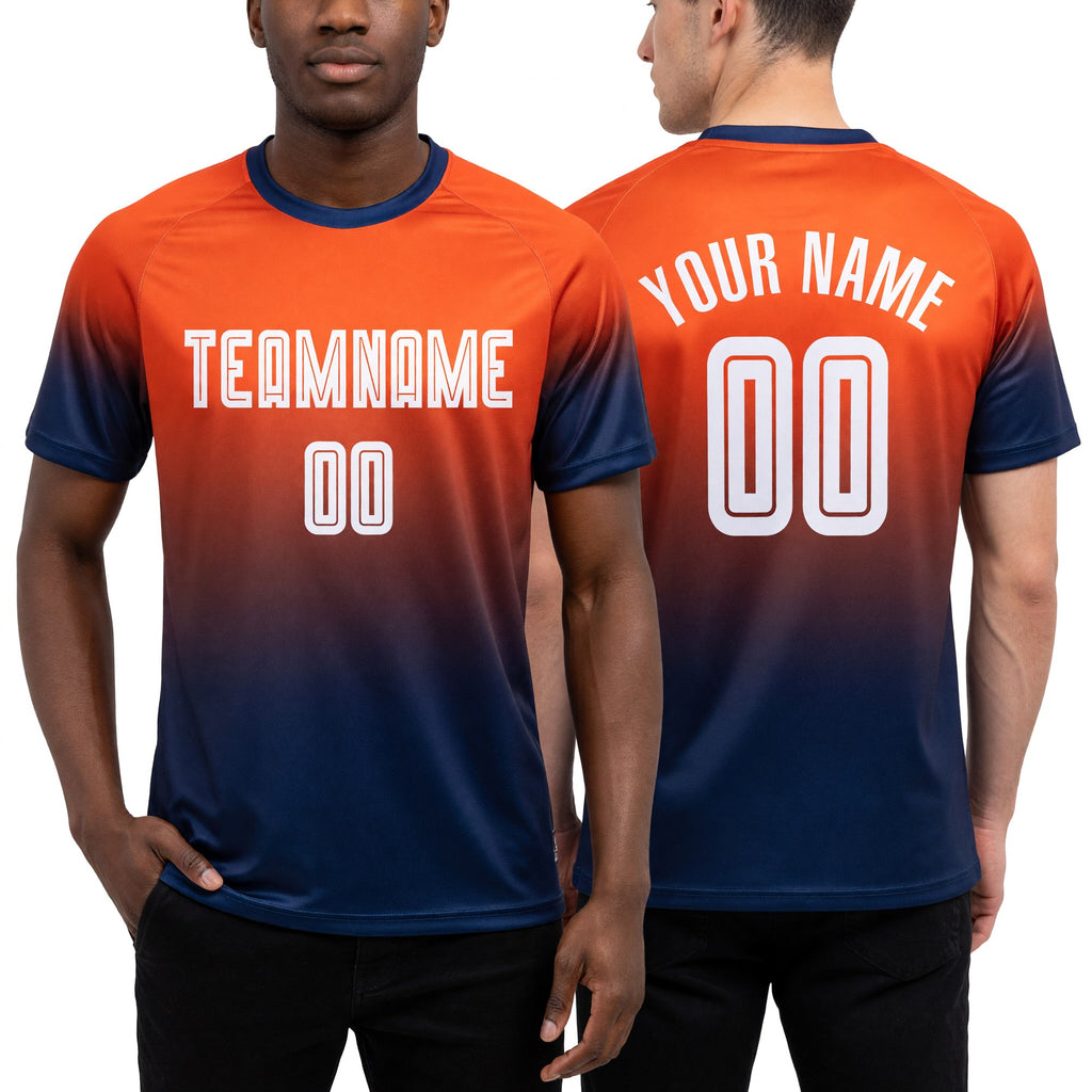 Custom Orange White-Navy Sublimation Fade Fashion Soccer Uniform Jersey worn front and back