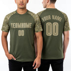 Custom Olive Vegas Gold-Camo Sublimation Salute To Service Soccer Uniform Jersey worn front and back