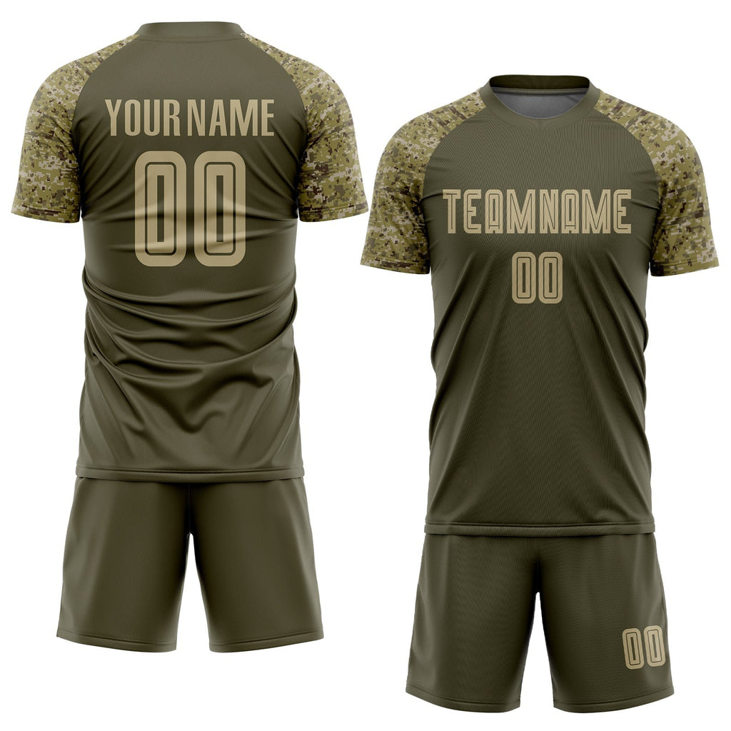 Custom Olive Vegas Gold-Camo Sublimation Salute To Service Soccer Uniform Jersey photo 2