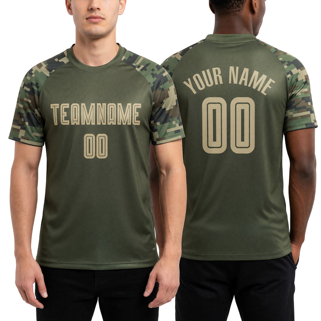 Custom Olive Vegas Gold-Camo Sublimation Salute To Service Soccer Uniform Jersey worn front and back