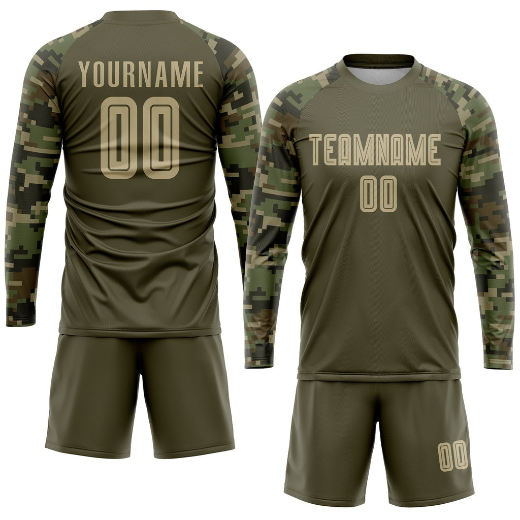 Custom Olive Vegas Gold-Camo Sublimation Salute To Service Soccer Uniform Jersey photo 4