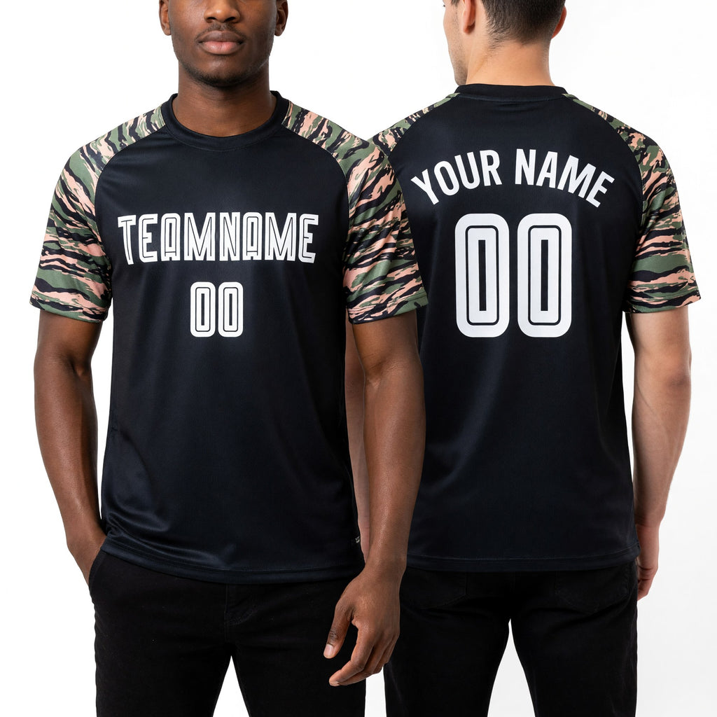 Custom Black White-Camo Sublimation Soccer Uniform Jersey worn front and back
