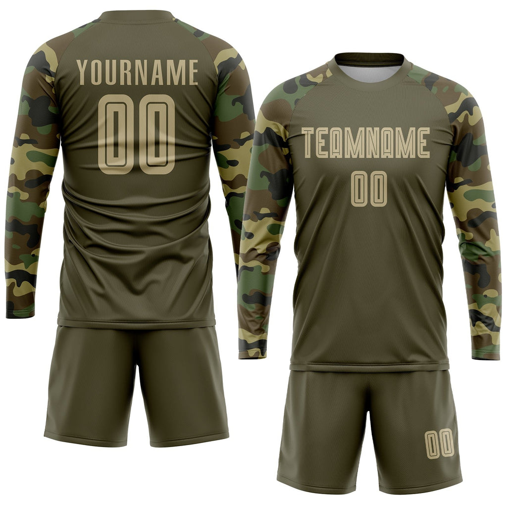 Custom Olive Vegas Gold-Camo Sublimation Salute To Service Soccer Uniform Jersey photo 4
