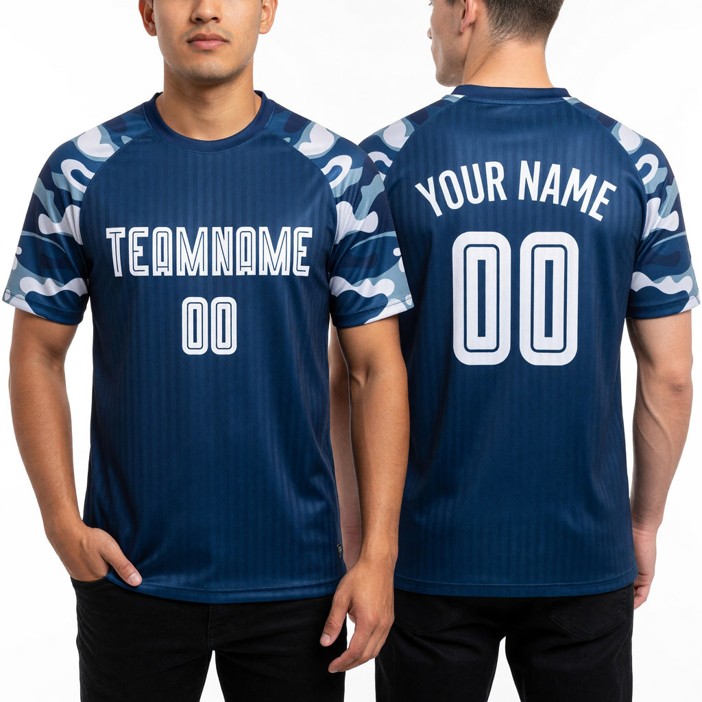 Custom Navy White-Camo Sublimation Soccer Uniform Jersey worn front and back