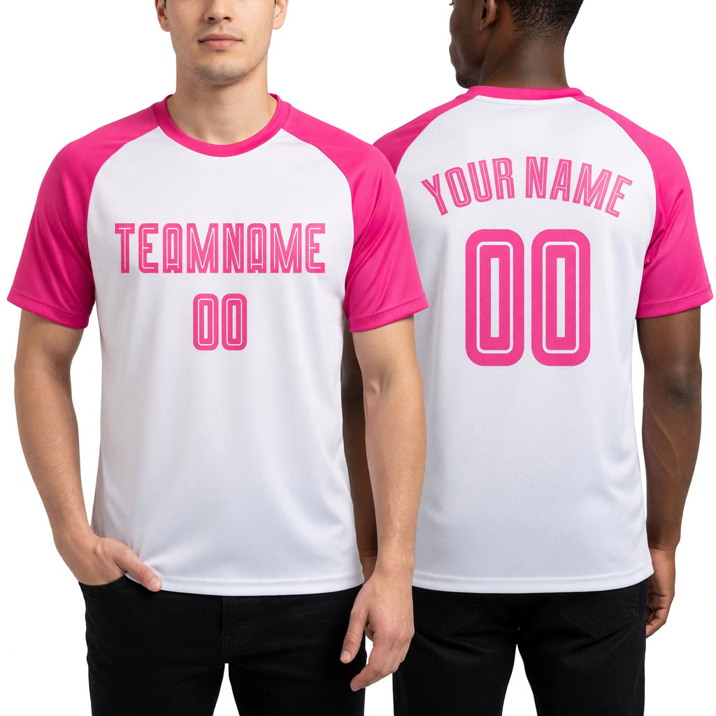 Custom White Pink Sublimation Soccer Uniform Jersey worn front and back