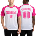 Custom White Pink Sublimation Soccer Uniform Jersey worn front and back