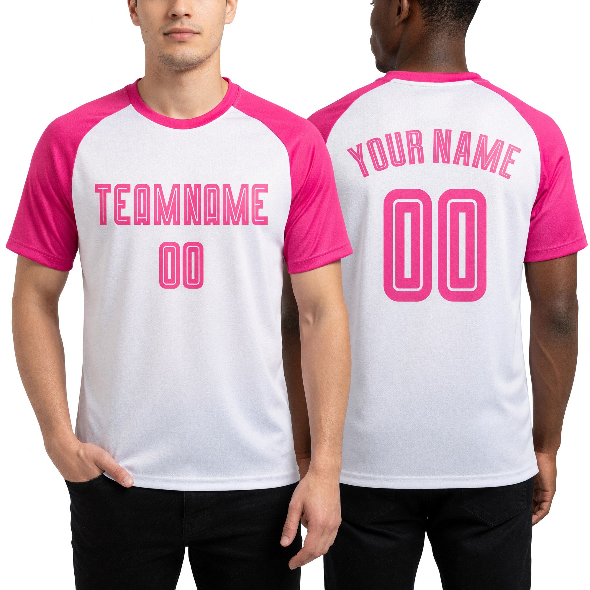 Custom White Pink Sublimation Soccer Uniform Jersey worn front and back