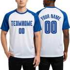 Custom White Royal Sublimation Soccer Uniform Jersey worn front and back