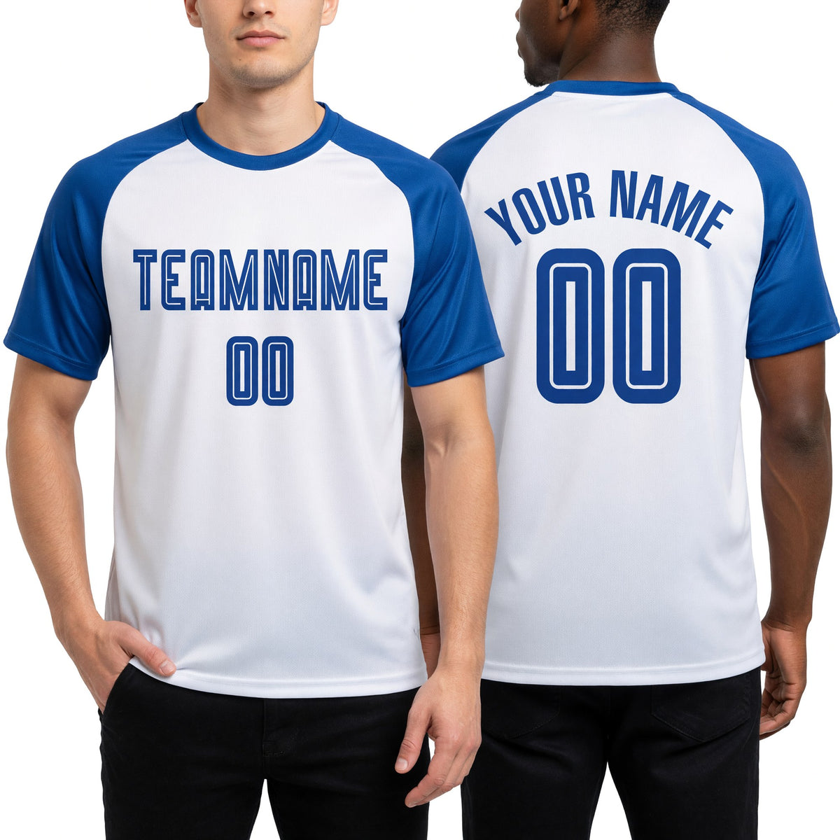 Custom White Royal Sublimation Soccer Uniform Jersey worn front and back