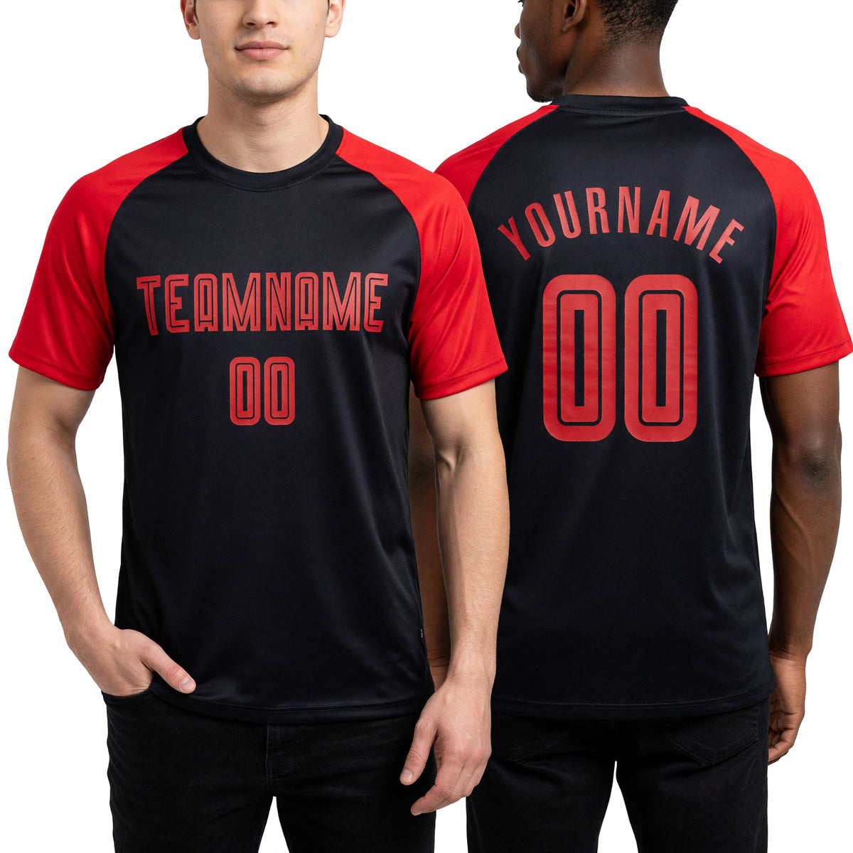 Custom Black Red Sublimation Soccer Uniform Jersey worn front and back