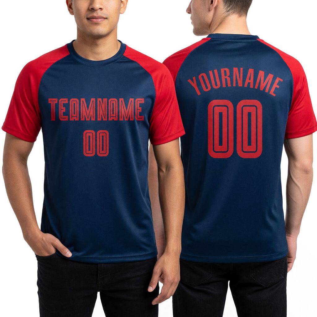 Custom Navy Red Sublimation Soccer Uniform Jersey worn front and back