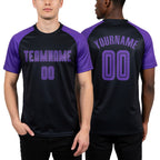 Custom Black Purple Sublimation Soccer Uniform Jersey worn front and back