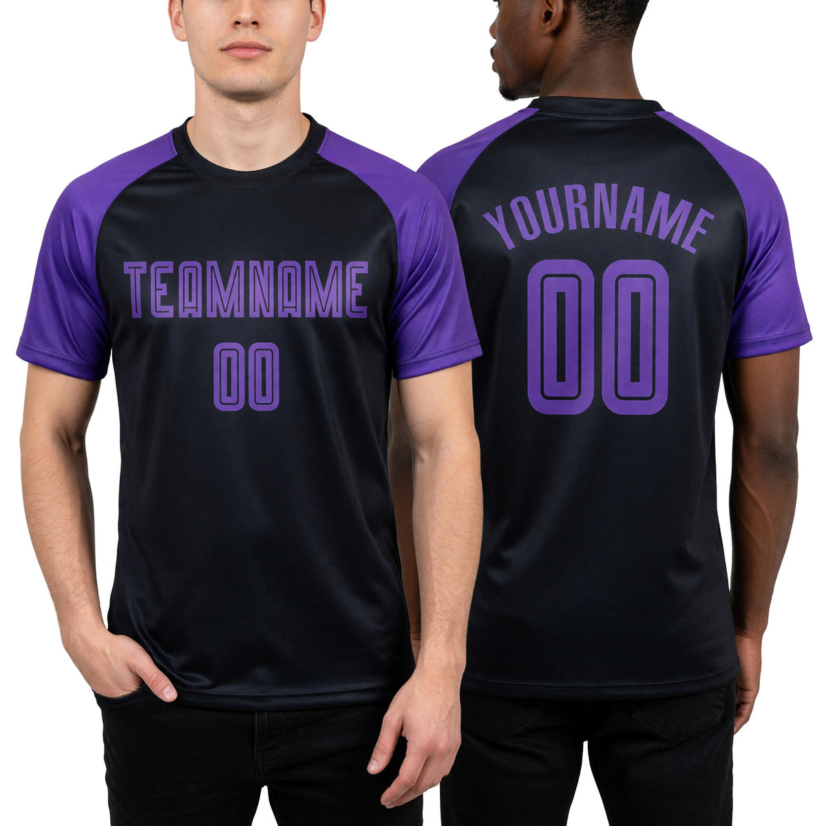 Custom Black Purple Sublimation Soccer Uniform Jersey worn front and back