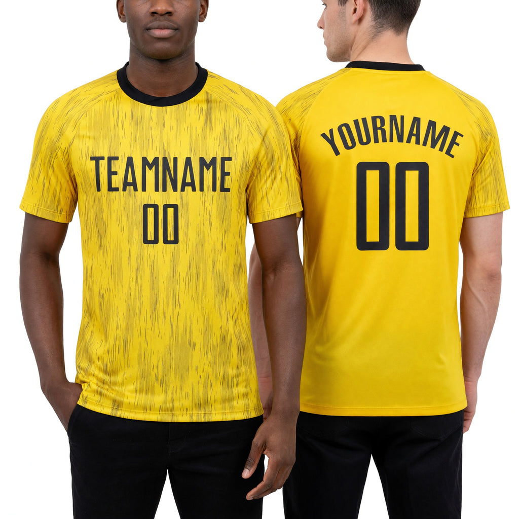 Custom Gold Black Sublimation Soccer Uniform Jersey worn front and back