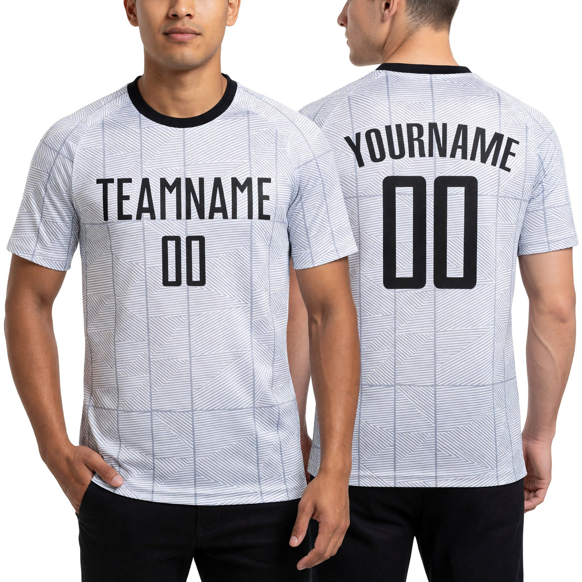 Custom Gray Black-White Sublimation Soccer Uniform Jersey worn front and back