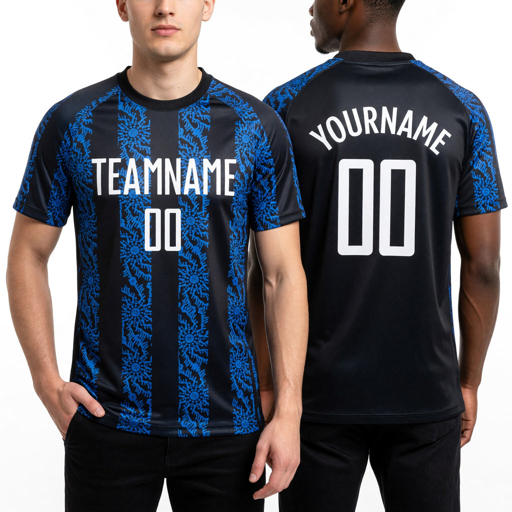Custom Black White-Royal Sublimation Soccer Uniform Jersey worn front and back