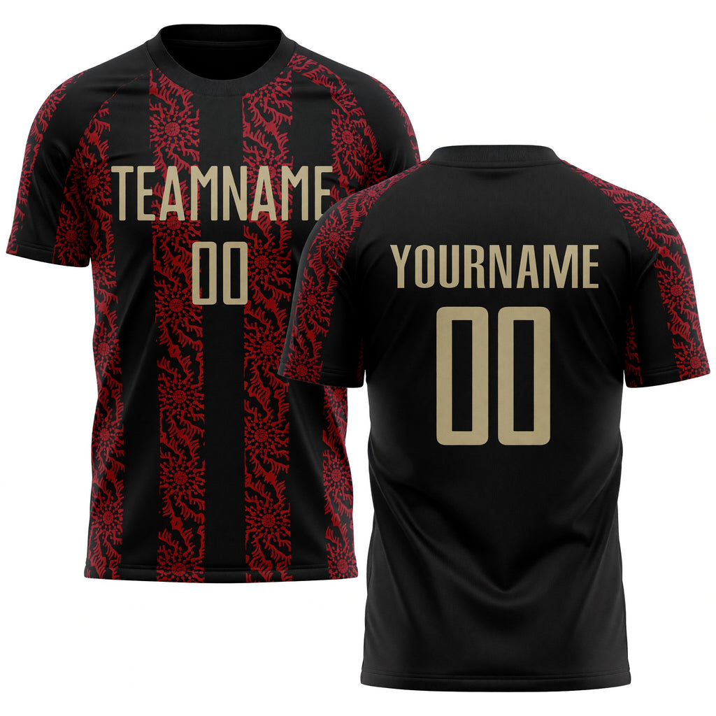 Custom Black Vegas Gold-Red Sublimation Soccer Uniform Jersey