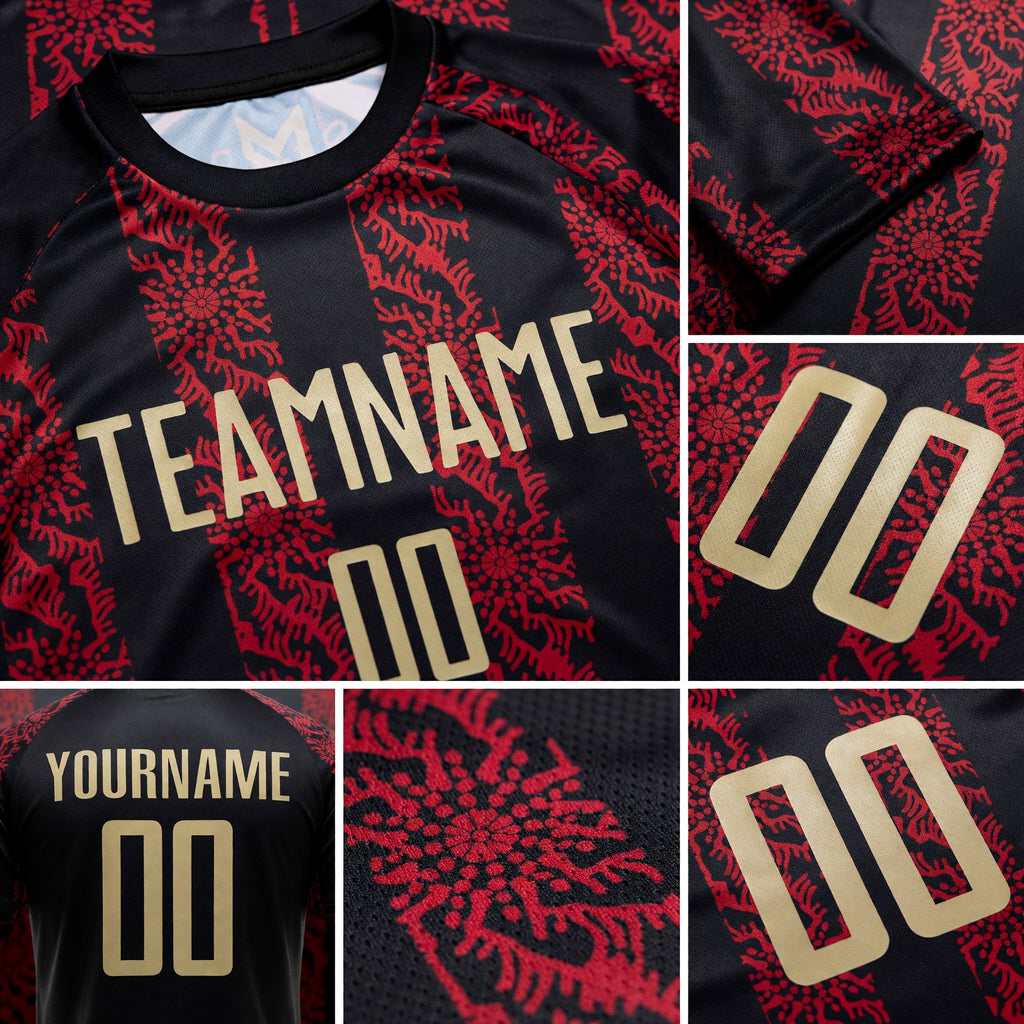 Custom Black Vegas Gold-Red Sublimation Soccer Uniform Jersey detail