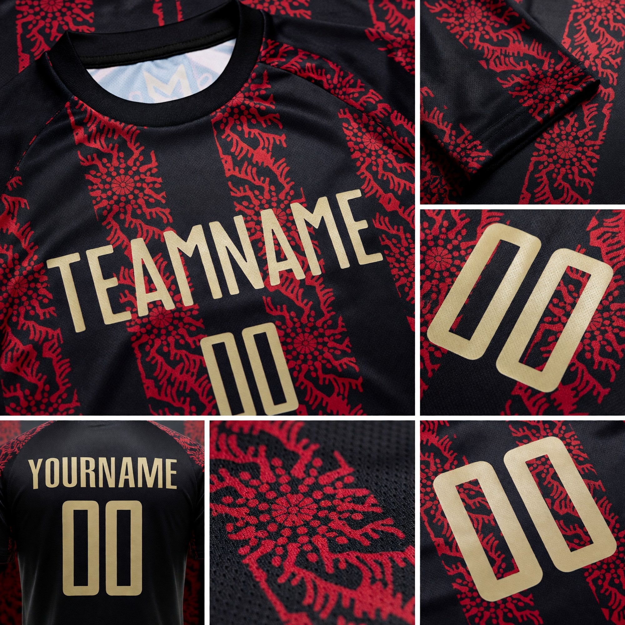 Custom Black Vegas Gold-Red Sublimation Soccer Uniform Jersey detail