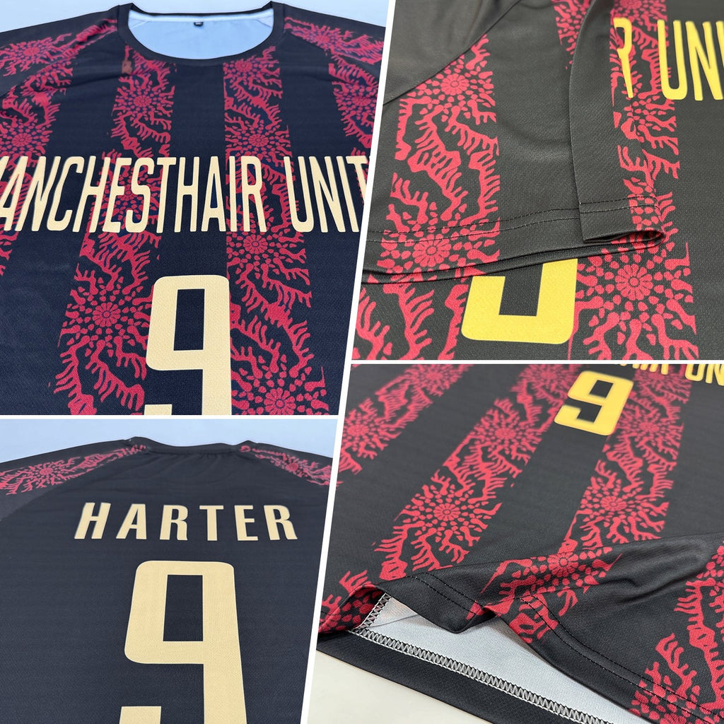 Custom Black Vegas Gold-Red Sublimation Soccer Uniform Jersey photo 5