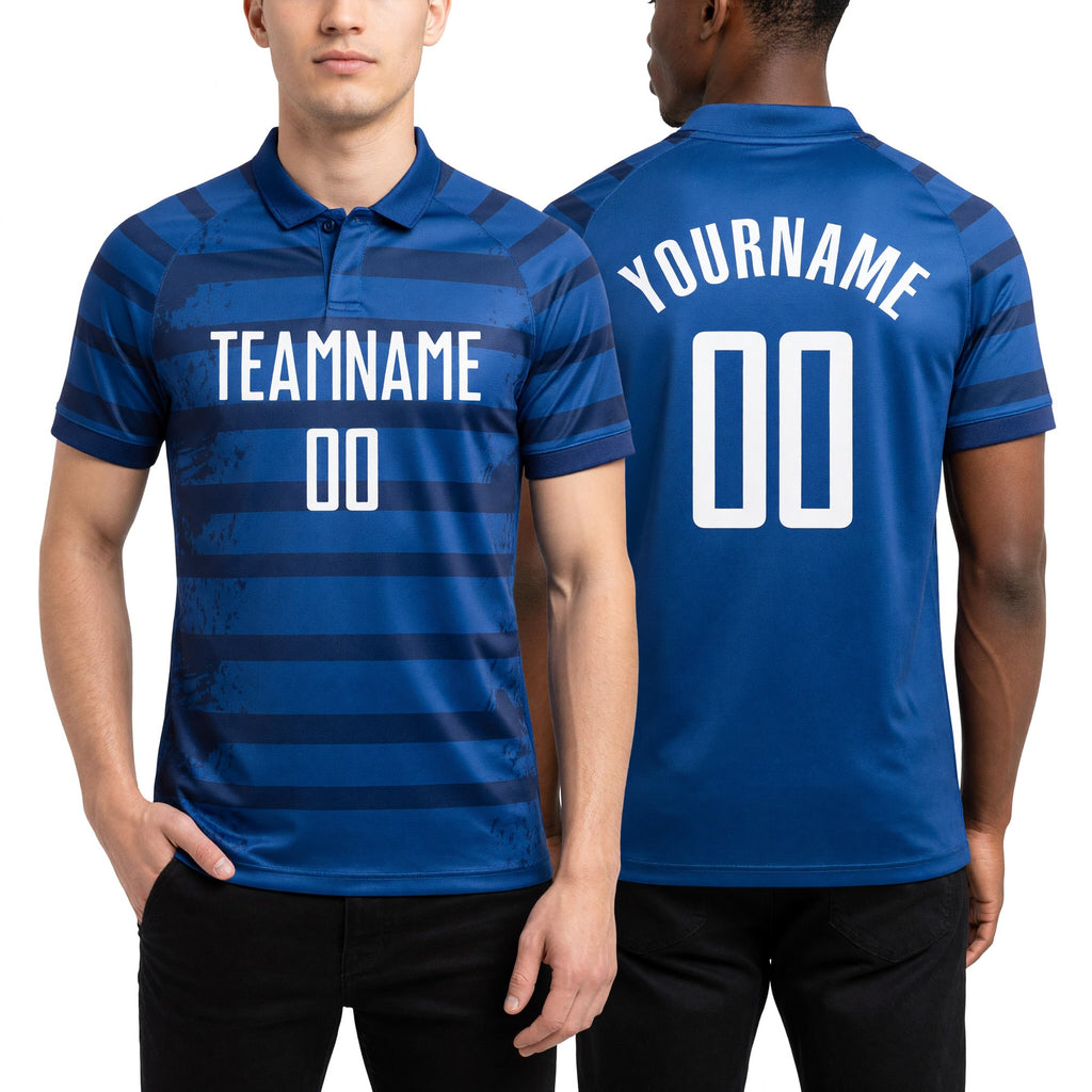 Custom Royal White-Navy Sublimation Soccer Uniform Jersey worn front and back