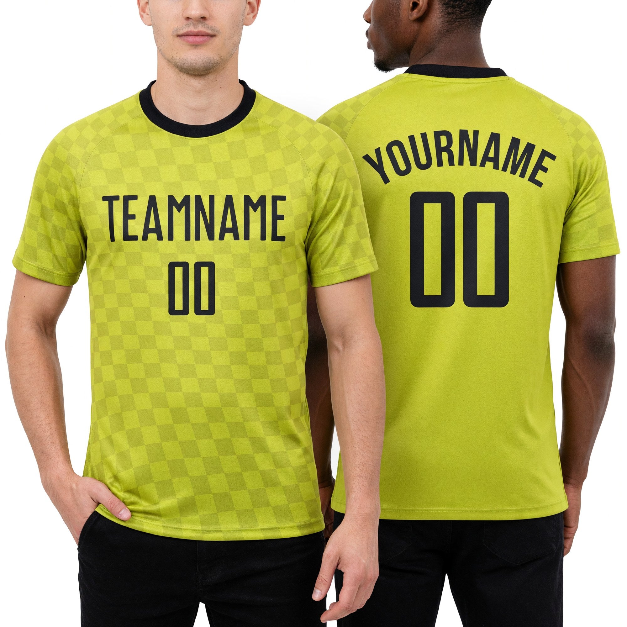 Custom Gold Black Sublimation Soccer Uniform Jersey worn front and back