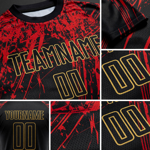 Custom Black Black Old Gold-Red Sublimation Soccer Uniform Jersey detail