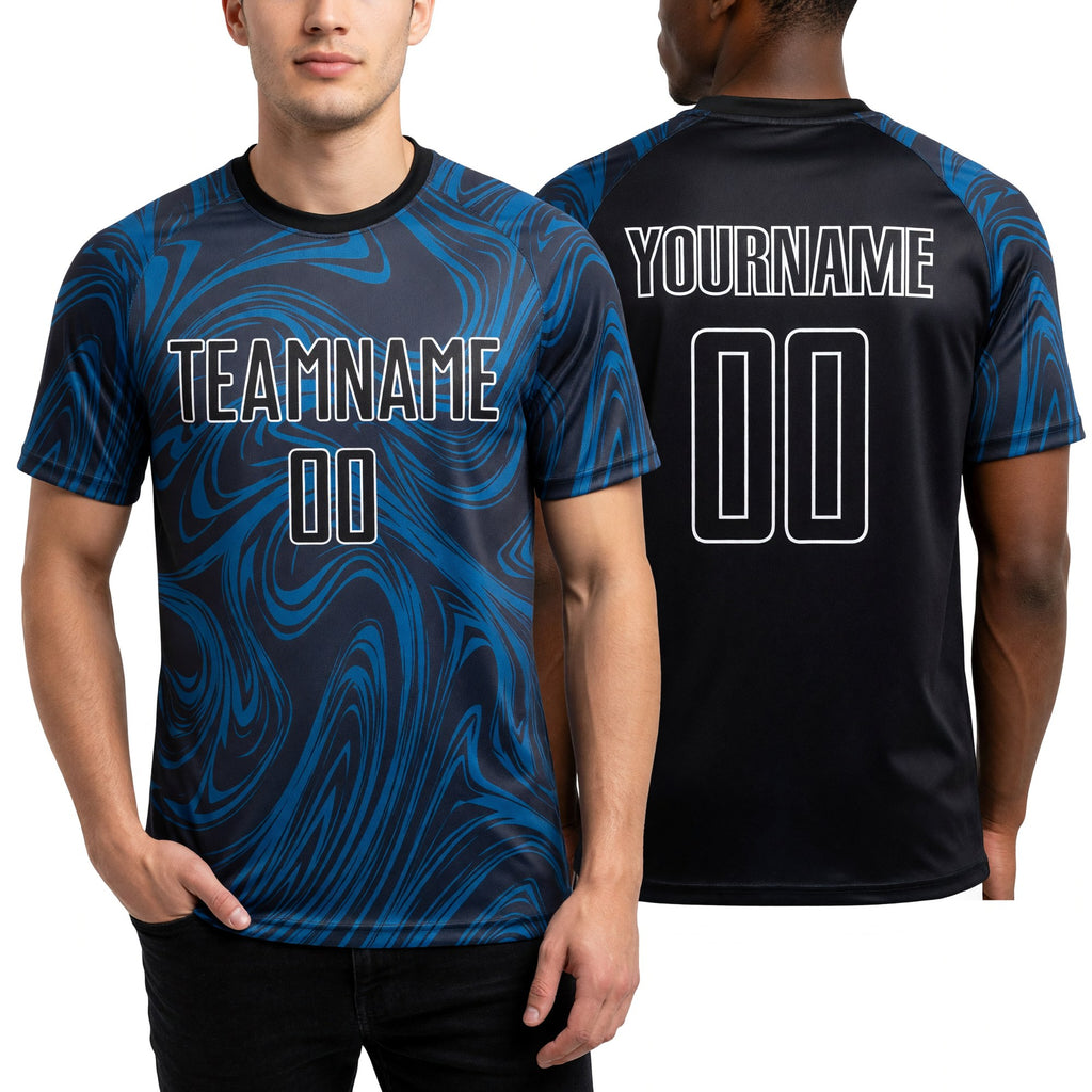 Custom Royal Black-White Sublimation Soccer Uniform Jersey worn front and back