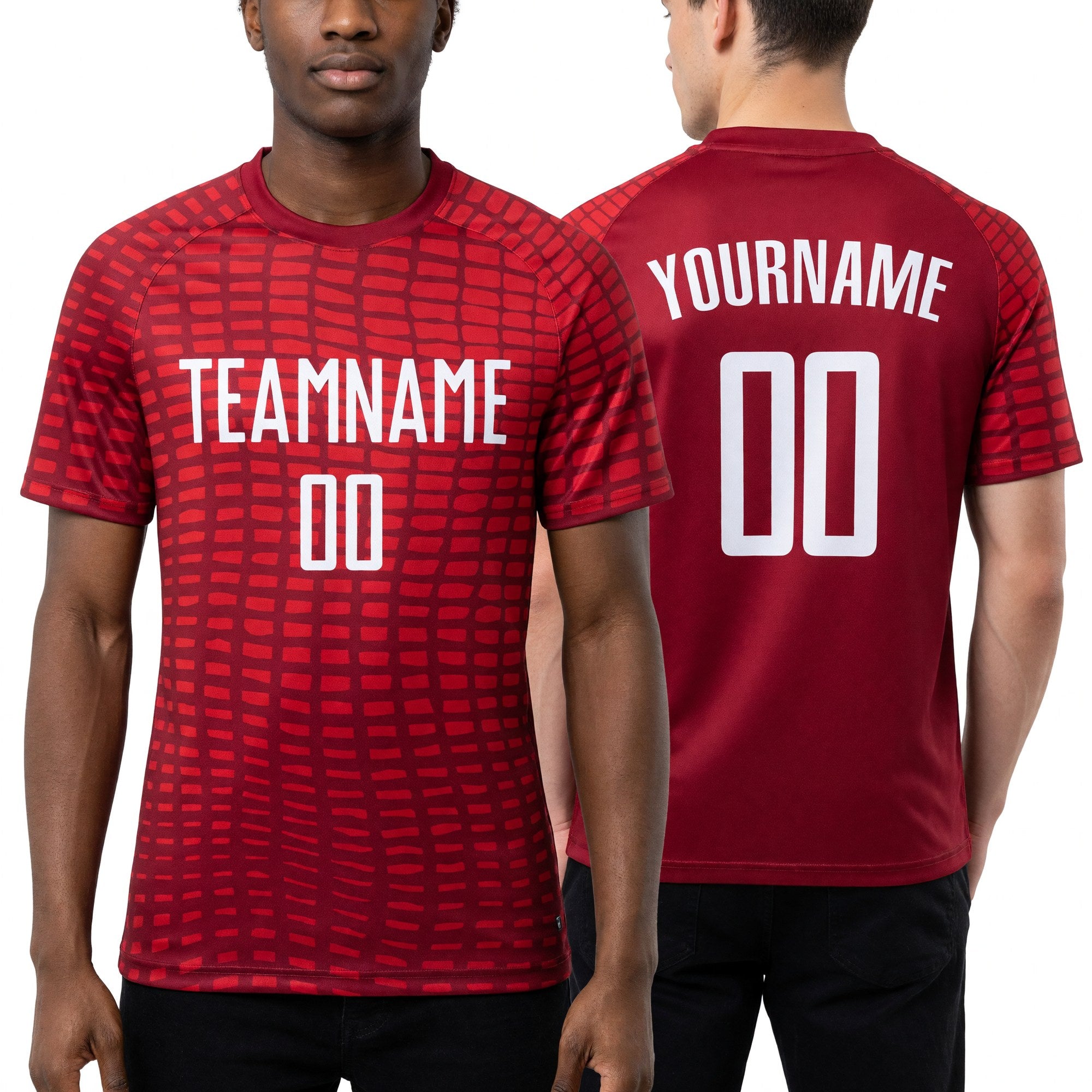 Custom Red White Sublimation Soccer Uniform Jersey worn front and back
