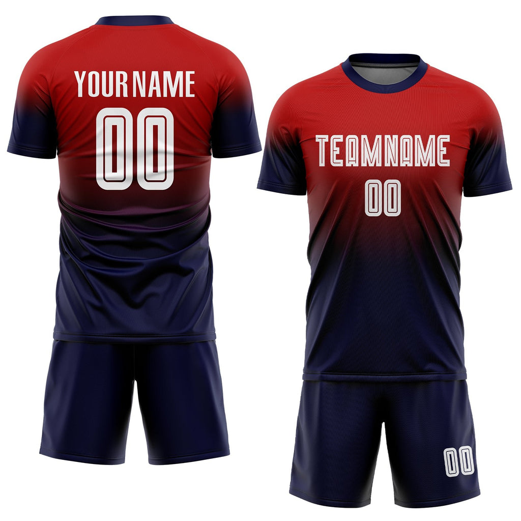 Custom Red White-Navy Sublimation Fade Fashion Soccer Uniform Jersey photo 2